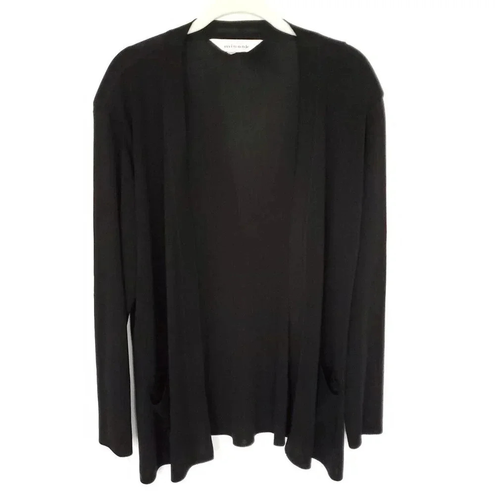 Misook Open Knit Cardigan Size Large L Black Solid Shoulder Pads Sweater Pockets